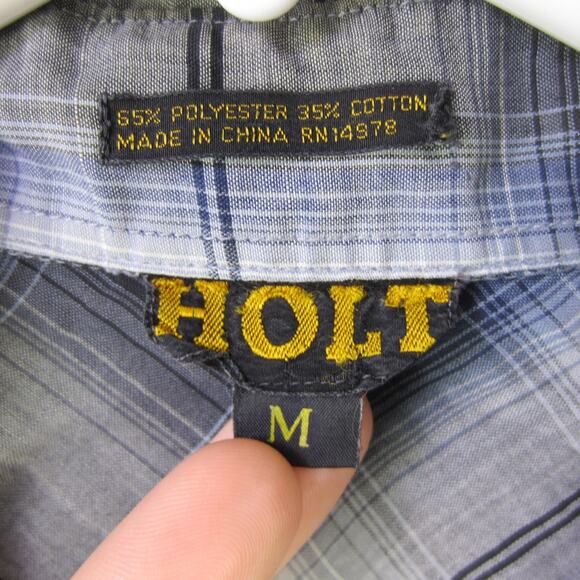 HOLT Shirt Mens Medium Blue Gray Plaid Pearl Snap Western Cowboy Long Sleeve - Picture 2 of 9